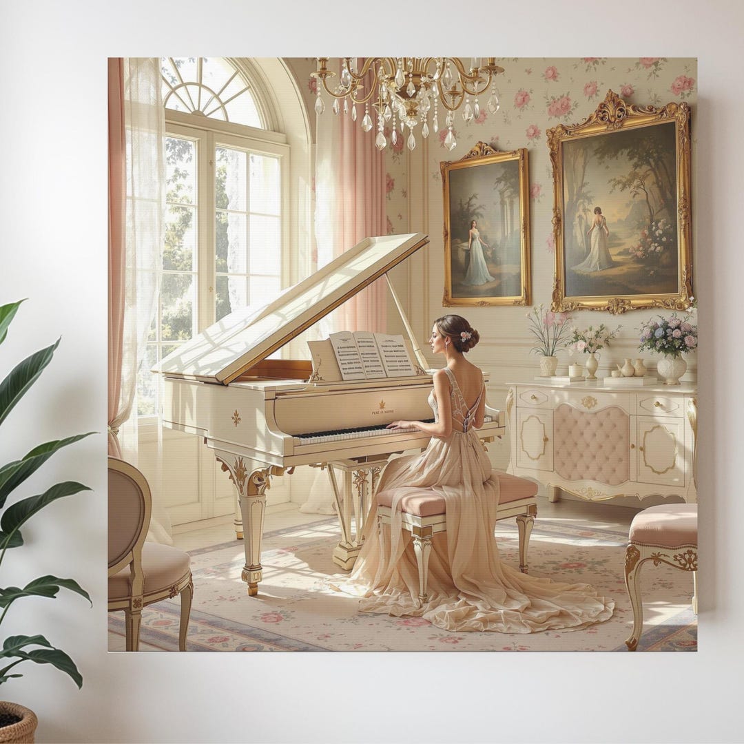 Victorian Grand Piano Canvas Wall Art, Woman Playing Piano in Flowing ...