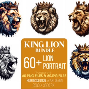 Mega Lion King Bundle PNG, Ai Generated Photorealistic King Lion Pack, 60 High-Resolution PNG and JPG. Lion Portraits for prints