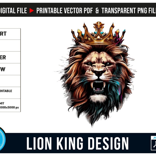 Lion King Vector PDF and PNG T-Shirt Design | Colorful Lion King  | Lion Portrait | Lion Illustration for Shirts, pillows, bags and mugs