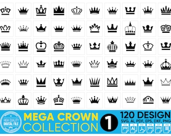May include: A set of 120 black and white crown designs. The designs are in a grid format and include a variety of styles, including traditional, modern, and whimsical. The text "MEGA CROWN COLLECTION 1" is at the bottom of the image.