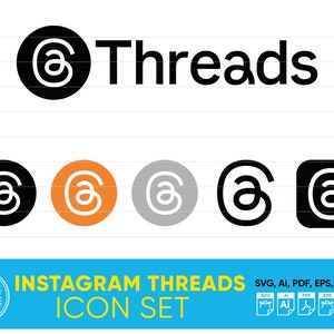 May include: A set of five icons featuring the Instagram Threads logo. The logo is a stylized "@" symbol with a curved line. The icons are in black, orange, gray, black outline, and black with a square background.