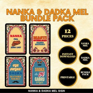 Puede incluir: Un conjunto de 12 carteles imprimibles para un evento NANKA & DADKA MEL. Los carteles presentan diseños coloridos con texto en inglés e hindi. Los carteles incluyen frases como "NANKA FULL SWAG ZERO LAG!" y "DADKA da SWAG GABRU STYLE".