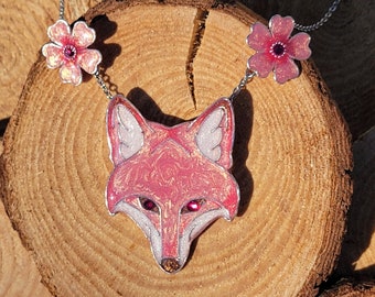 Collier renard fleur de cerisier, pendentif renard fleur de sakura, pendentif en résine de fleur de cerisier, pendentif en résine sakura kitsune, pendentif renard en résine fait main