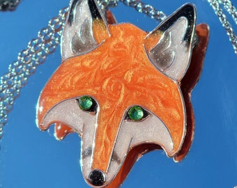 Fox neckace with crystal, art jewelry, handmade resin fox pendant, animal jewelry