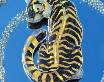 Tiger pendant, Black and Gold Tiger necklace, art jewelry, handmade resin tiger pendant, animal jewelry