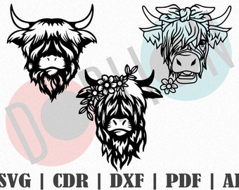 Highland Cow 3 Pieces design SVG, Customize Gift Svg, Vinyl, Bundle Cut File, Svg, Pdf, Ai Printable Design Files