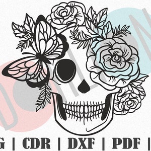 Skull With Flower and Butterfly Design SVG, Customize Gift Svg, Vinyl, Bundle Cut File, Svg, Pdf, Ai Printable Design Files