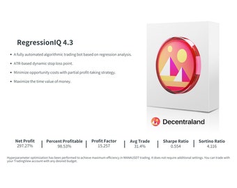 RegressionIQ 4.3 Strategia Tradingview - Indicatore -Bot di segnale per i mercati cripto Binance - Decentraland COIN (MANA)