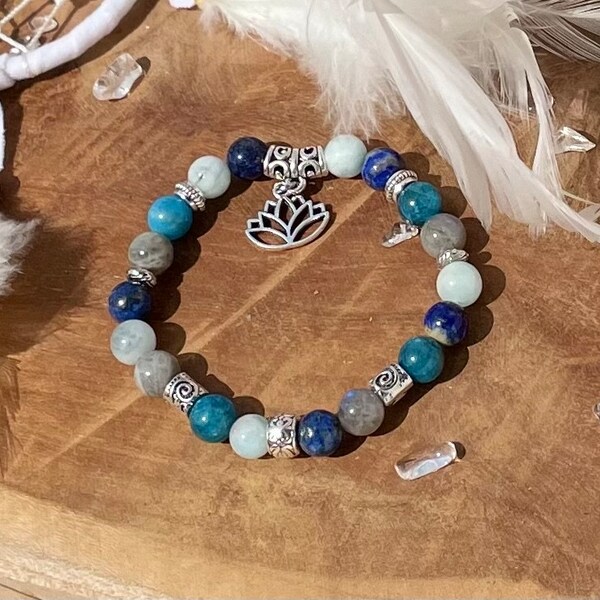 Bracelet  «Équilibre émotionnel » apatite bleue, labradorite, aiguë marine et lapis Lazuli