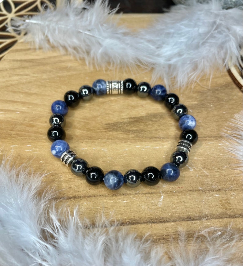 Bracelet Apaisement mental anxiété en sodalite, Hématite, Tourmaline image 1