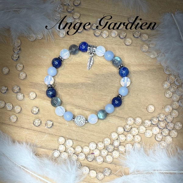 Bracelet «Ange gardien» en Angelite, lapis Lazuli, Labradorite et opaline