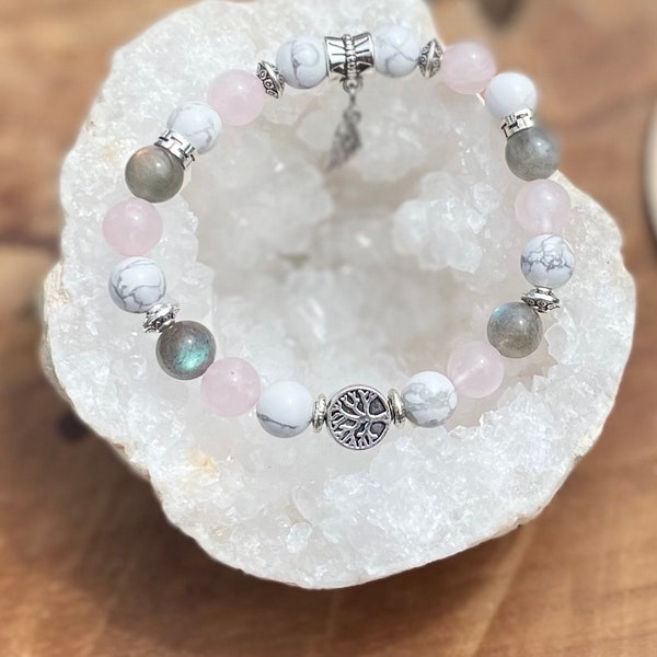 Bracelet « Hypersensibilité » en Howlite, Quartz Rose et Labradorite