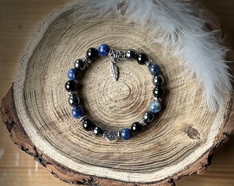 Bracelet « Apaisement mental anxiété » en sodalite, Hématite, Tourmaline breloque plume