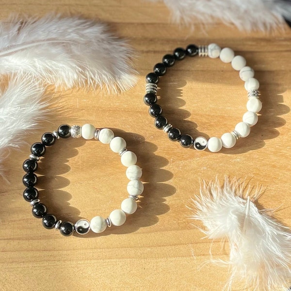 Bracelet «Ying Yang» Féminin Masculin en Onyx et Howlite MAT