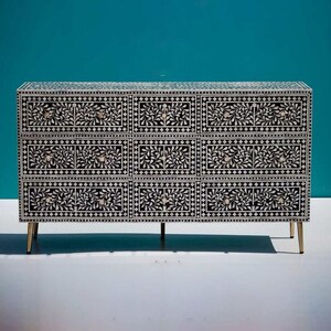 Bone inlay Black Floral 9 Drawer Chest of Drawer Bone Inlay Dresser Bone Inlay Console table Bone Inlay Table 9 Drawer Black Floral