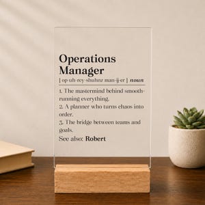 May include: A clear rectangular acrylic sign standing on a light wood base. The sign features black printed text defining Operations Manager with phonetic spelling, three numbered descriptions, and the text See also: Robert at the bottom.