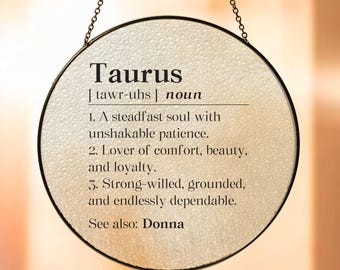 Personalized Zodiac Taurus Definition Suncatcher Stained Glass, Taurus Birthday Sun Catcher Gift, Taurus Christmas Window Hangings