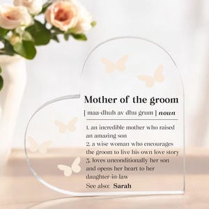 Personalized Mother Of The Groom Heart Acrylic Plaque, From Bride Gift, From Groom Desk Sign, For Mother Of The Groom Cake Topper