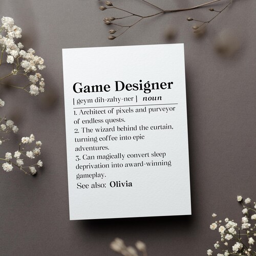 Carte de définition personnalisée pour concepteur de jeux vidéo, cadeau pour développeur de jeux vidéo, carte de voeux pour employé de créateur de jeu vidéo, cadeau pour développeur de jeux vidéo
