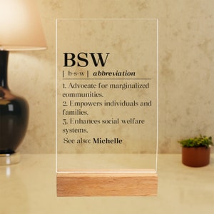 May include: A clear acrylic sign with a wooden base defines the abbreviation "BSW" as "Advocate for marginalized communities, Empowers individuals and families, Enhances social welfare systems." The sign also states "See also: Michelle".