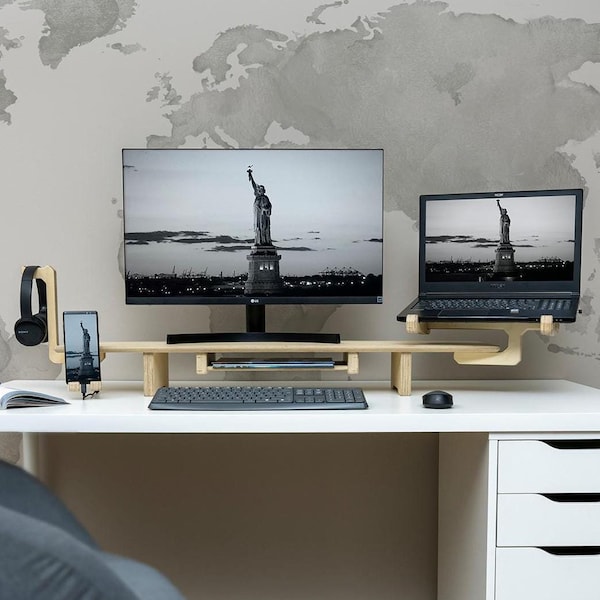 Hölzerner Monitorständer mit Schublade, Computer-Laptop-Organizer-Stand, Dual Monitor Stand Schreibtisch Riser Regal, Doppel Monitor Schreibtisch Arbeitsplatz Stand
