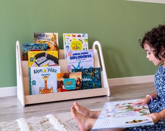 Modern Large Montessori Toddler Bookshelf, Rustic Kids Room Wooden Low Book Shelf Furniture, Handmade Nursery Bookcase, Baby Book Box Gifted