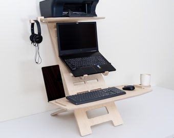 Houten sta-bureau, staande bureau-converter, sta-bureaublad, modern bureau, op maat gemaakt sta-bureau, zit-sta-bureau, verstelbaar sta-bureau