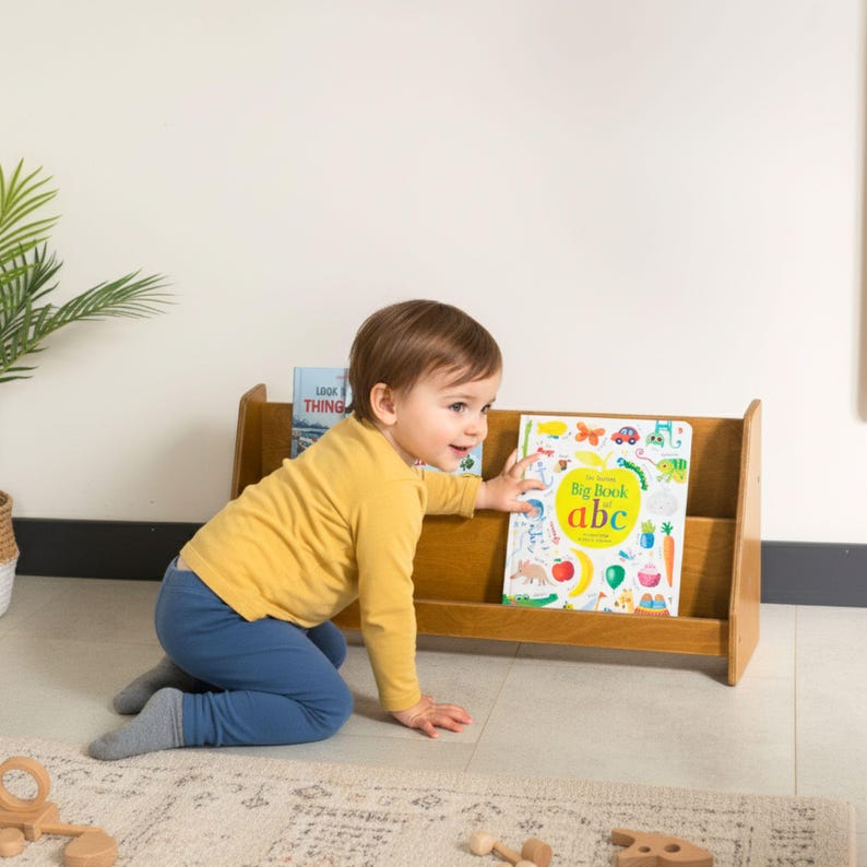 We combine Large Toddler Montessori Bookshelf and Mid Century style Modern Book Shelf Kids Room Montessori Furniture. Here is Wooden Low Nursery Bookcase, Baby Book Box! This large toddler shelf can be best gift from family to new baby boy or girl, toddler or kids. This toddler bookcase will be perfect matches with her or him toddler furniture. Unique design montessori bookcase will be perfect gift as a nursery book shelves and kids room bookcase.