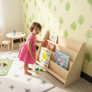 Large Toddler Montessori Bookshelf, Mid Century Modern Book Shelf Kids Room Montessori Furniture, Wooden Low Nursery Bookcase, Baby Book Box