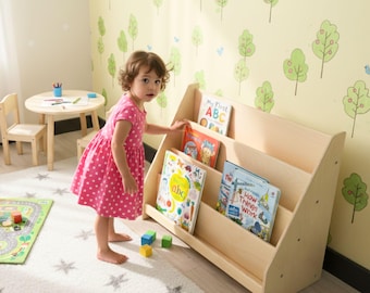 Large Toddler Montessori Bookshelf, Mid Century Modern Book Shelf Kids Room Montessori Furniture, Wooden Low Nursery Bookcase, Baby Book Box