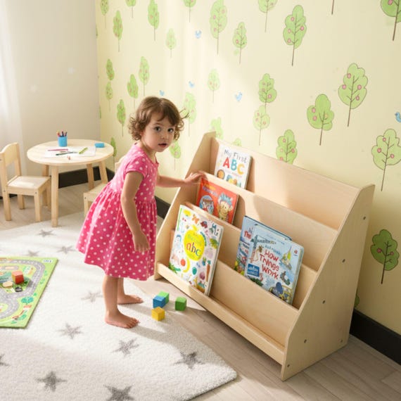 Large Toddler Montessori Bookshelf, Mid Century Modern Book Shelf Kids Room Montessori Furniture, Wooden Low Nursery Bookcase, Baby Book Box