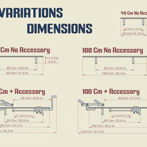 May include: Diagram showing the dimensions of four different sizes of metal workbench frames. The frames are available with or without accessories. The dimensions are shown in both centimeters and inches. The smallest frame is 40 cm by 32 cm, the next size is 80 cm by 60 cm, the next size is 100 cm by 60 cm, and the largest frame is 110 cm by 80 cm.