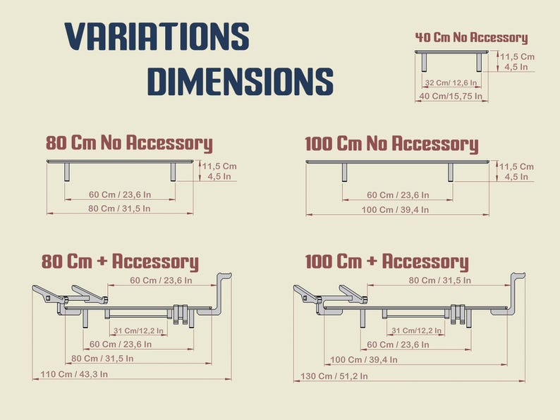 May include: Diagram showing the dimensions of four different sizes of metal workbench frames. The frames are available with or without accessories. The dimensions are shown in both centimeters and inches. The smallest frame is 40 cm by 32 cm, the next size is 80 cm by 60 cm, the next size is 100 cm by 60 cm, and the largest frame is 110 cm by 80 cm.