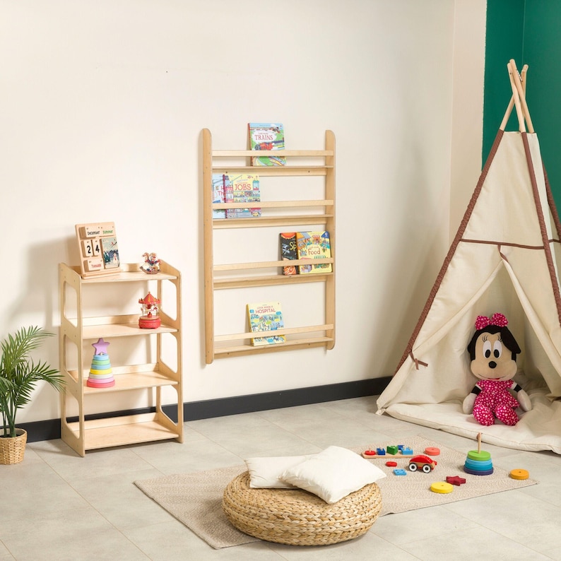 Montessori Bookshelf Wall Mounted, Wood Floating Kids Book Shelf, Small Space Nursery Bookcase Toddler Furniture, Kids Room Baby Bookshelves image 15