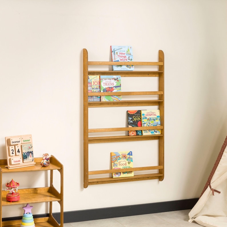 Montessori Bookshelf Wall Mounted, Wood Floating Kids Book Shelf, Small Space Nursery Bookcase Toddler Furniture, Kids Room Baby Bookshelves image 13