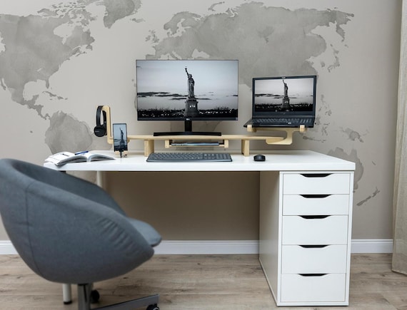 Wooden Double Monitor Stand with Drawer, Dual Computer Laptop Monitors Stands Organizer Riser Shelf