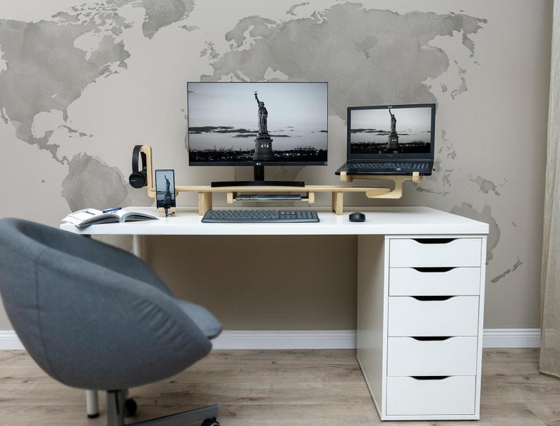 Wooden Monitor Stand With Drawer, Computer Laptop Organizer Stand, Dual