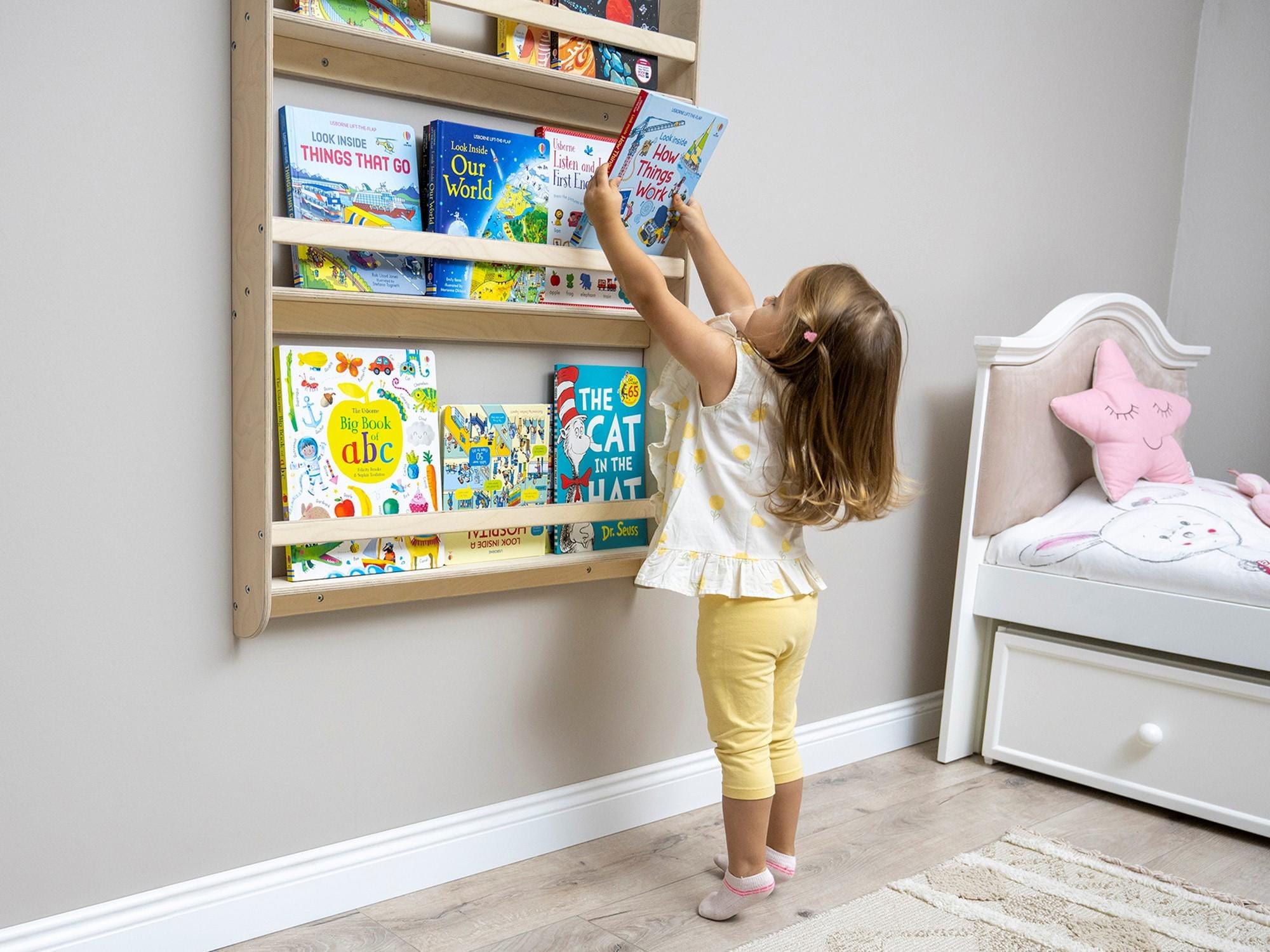 Montessori Bookshelf Wall Mounted, Wood Floating Kids Book Shelf, Small Space Nursery Bookcase Toddler Furniture, Kids Room Baby Bookshelves