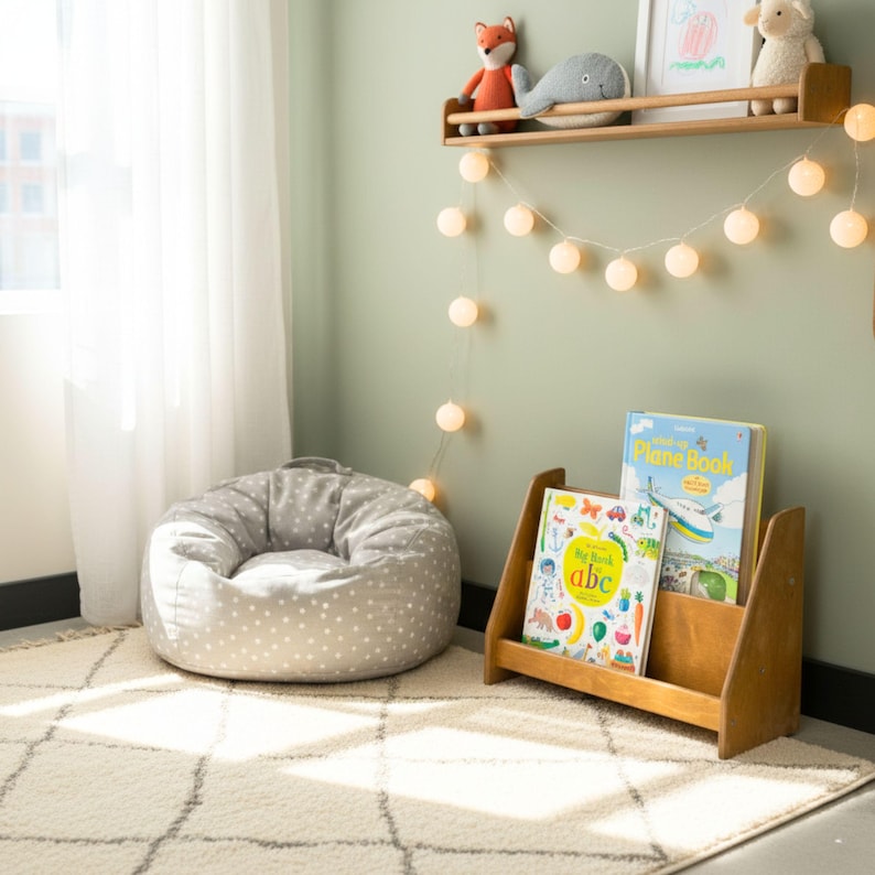 Großes Kleinkind Montessori Bücherregal, Mid Century moderne Bücherregal Kinderzimmer Montessori Möbel, Holz Niedriges Kinderzimmer Bücherregal, Baby Bücherkiste Bild 2
