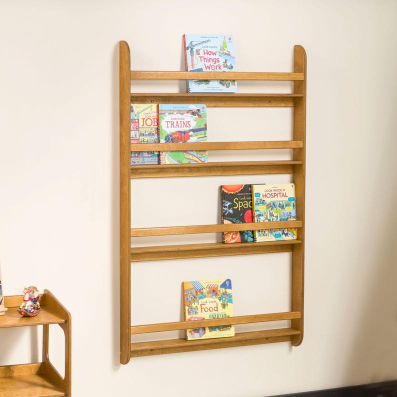 Montessori Bookshelf Wall Mounted, Wood Floating Kids Book Shelf, Small Space Nursery Bookcase Toddler Furniture, Kids Room Baby Bookshelves image 12
