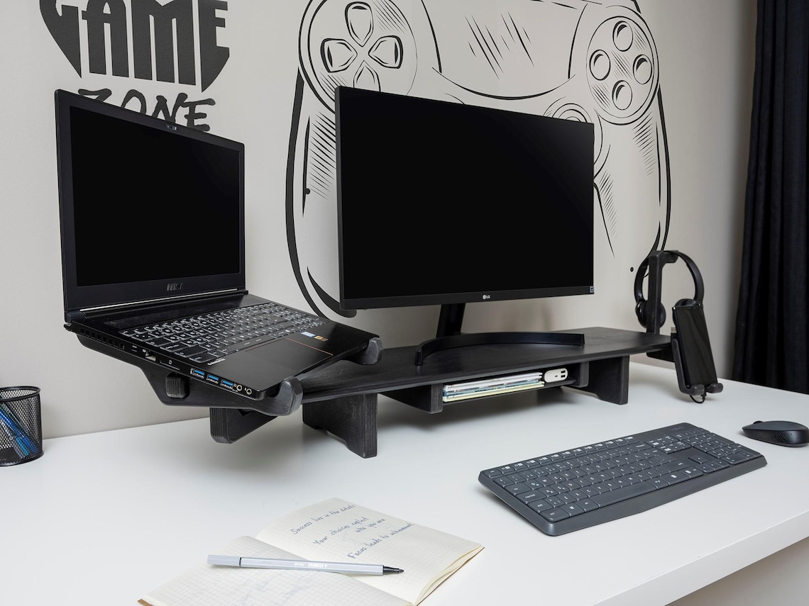 Dual Monitor Stand Riser With Drawer: Double Monitor Stand Desk Setup ...