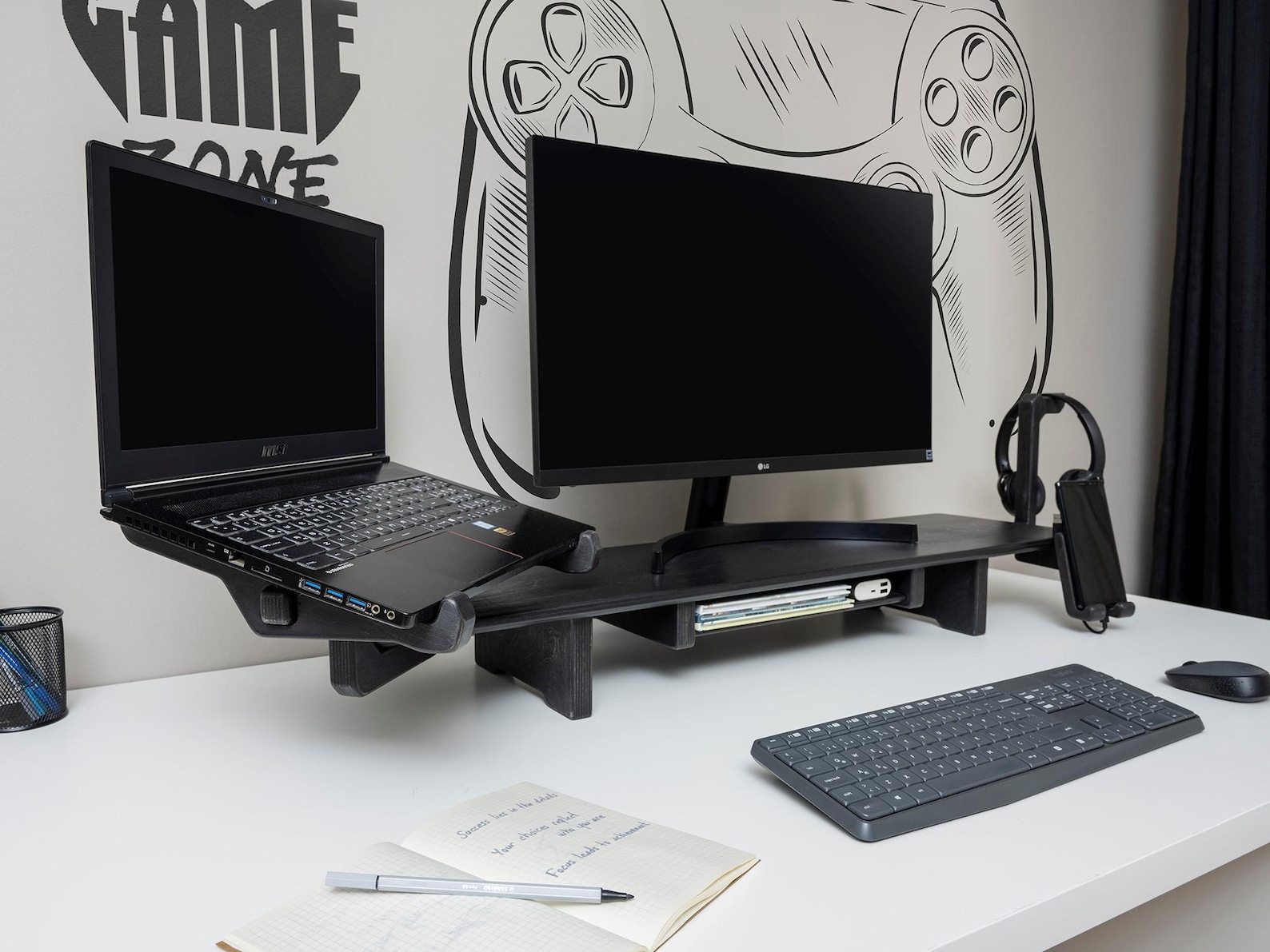 Dual Monitor Stand Riser With Drawer: Double Laptop Desktop Workspace ...