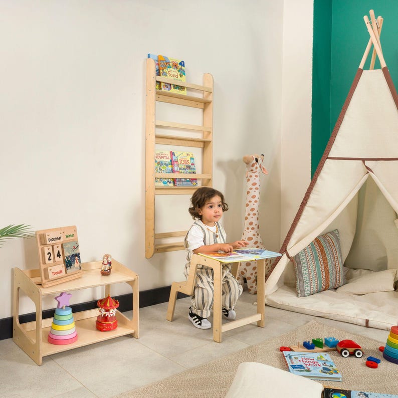 Montessori Bookshelf Wall Mounted, Wood Floating Kids Book Shelf, Small Space Nursery Bookcase Toddler Furniture, Kids Room Baby Bookshelves image 19