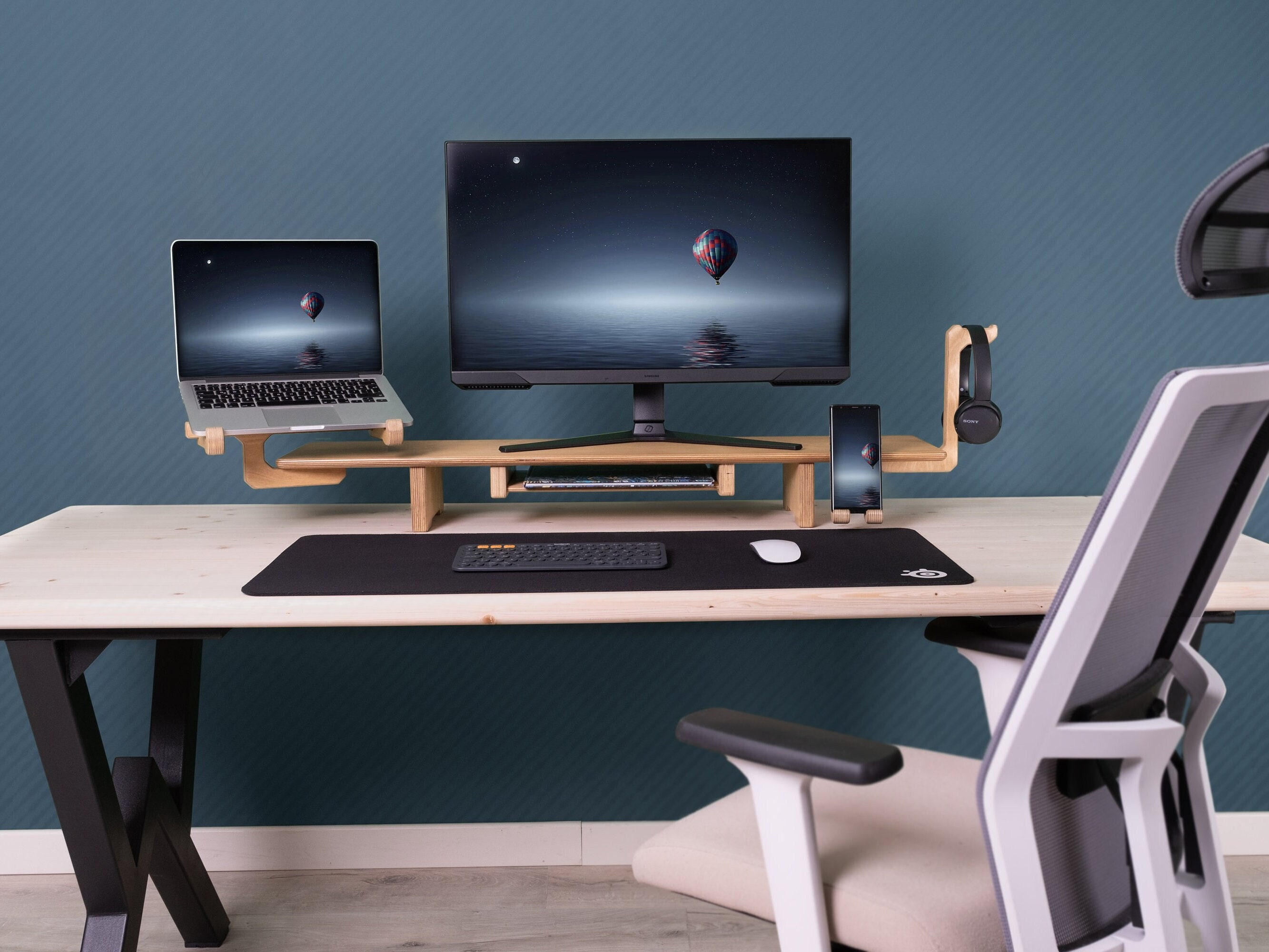 Dual Monitor Stand Riser - Wood Desk Organizer