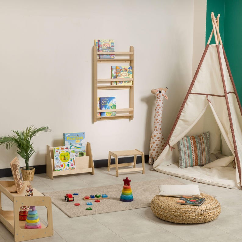 We combine Large Toddler Montessori Bookshelf and Mid Century style Modern Book Shelf Kids Room Montessori Furniture. Here is Wooden Low Nursery Bookcase, Baby Book Box! This large toddler shelf can be best gift from family to new baby boy or girl, toddler or kids. This toddler bookcase will be perfect matches with her or him toddler furniture. Unique design montessori bookcase will be perfect gift as a nursery book shelves and kids room bookcase.