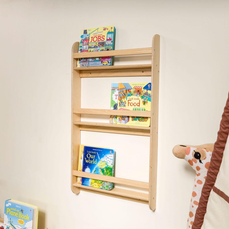 Montessori Bookshelf Wall Mounted, Wood Floating Kids Book Shelf, Small Space Nursery Bookcase Toddler Furniture, Kids Room Baby Bookshelves image 14