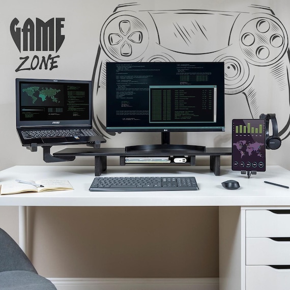 Dual Monitor Stand Riser with Drawer: Double Monitor Stand Desk Setup Shelf, Desktop Workspace Wooden Laptop Organizer