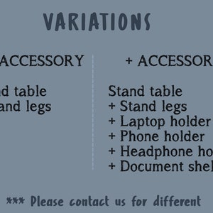 May include: A diagram showing the variations of a stand table with and without accessories. The stand table includes a table top and legs. The accessories include a laptop holder, phone holder, headphone holder, and document shelf.