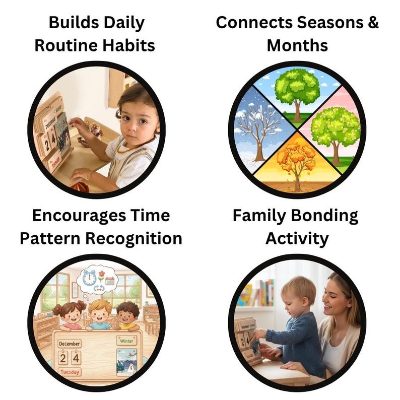 Montessori Calendar for Kids 🌿

Personalized Wooden Perpetual Calendar – Educational Learning Toy for Toddlers & Preschoolers

Make learning fun and interactive with this beautifully crafted Montessori-inspired wooden desk calendar! Designed to help kids explore the days, months, and seasons, this perpetual calendar turns daily routines into engaging learning moments.