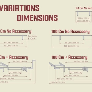 May include: Diagram showing the dimensions of four different sizes of a metal workbench. The workbench is available with or without an accessory. The dimensions are shown in both centimeters and inches. The workbench is 40 cm, 80 cm, or 100 cm wide. The workbench with the accessory is 110 cm or 130 cm wide.